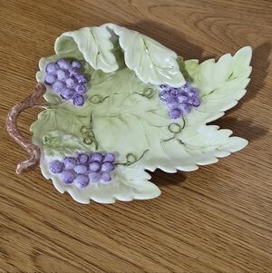 Ceramic Leaf Dish with Purple Grape Accents